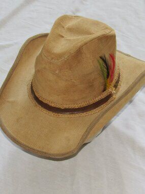 Vintage Stetson Corduroy Western Cowboy Hat w/ Feather Men’s Sz 6 3/4
